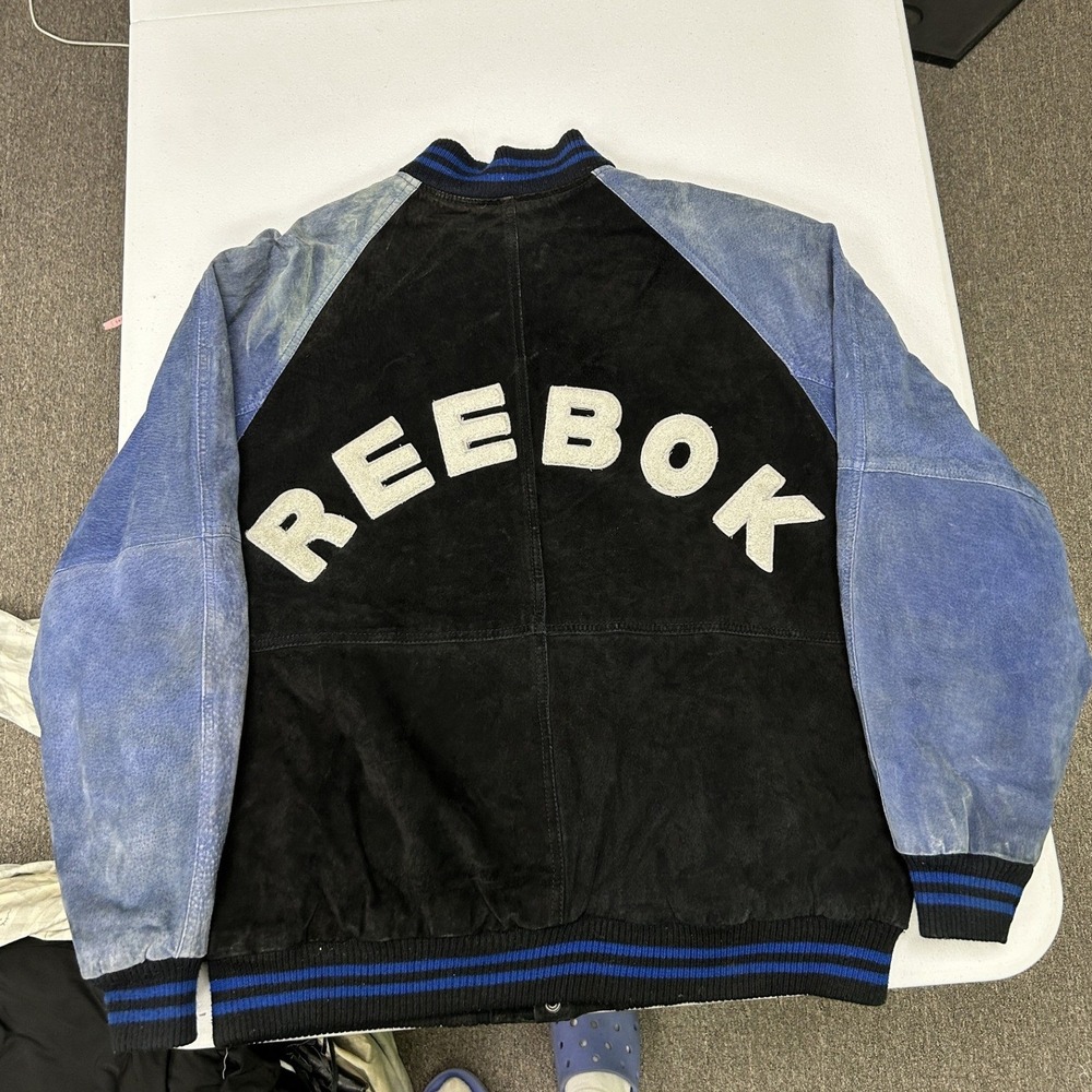 Reebok Varsity Jacket Mens Large Black Blue Suede Leather Spellout Bomber D3
